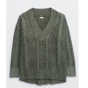 Aerie V-Neck Cable Knit Sweater - Green